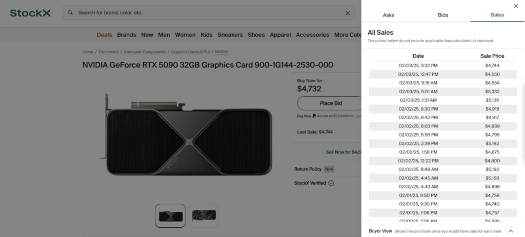 Screenshot of Nvidia's 5090 Resale value